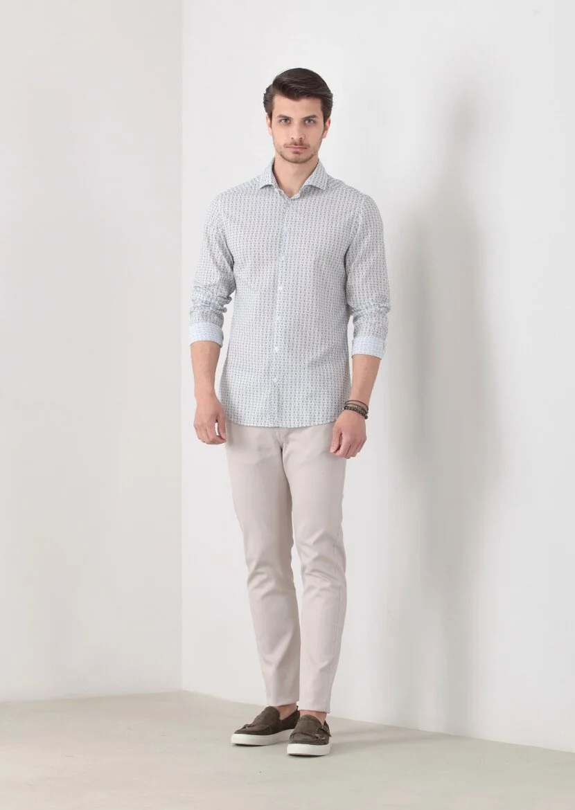 Yeşil Baskılı Slim Fit Dokuma Casual %100 Pamuk Gömlek - 2