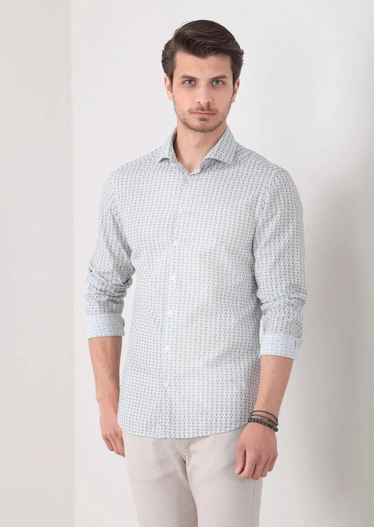 Yeşil Baskılı Slim Fit Dokuma Casual %100 Pamuk Gömlek - 3