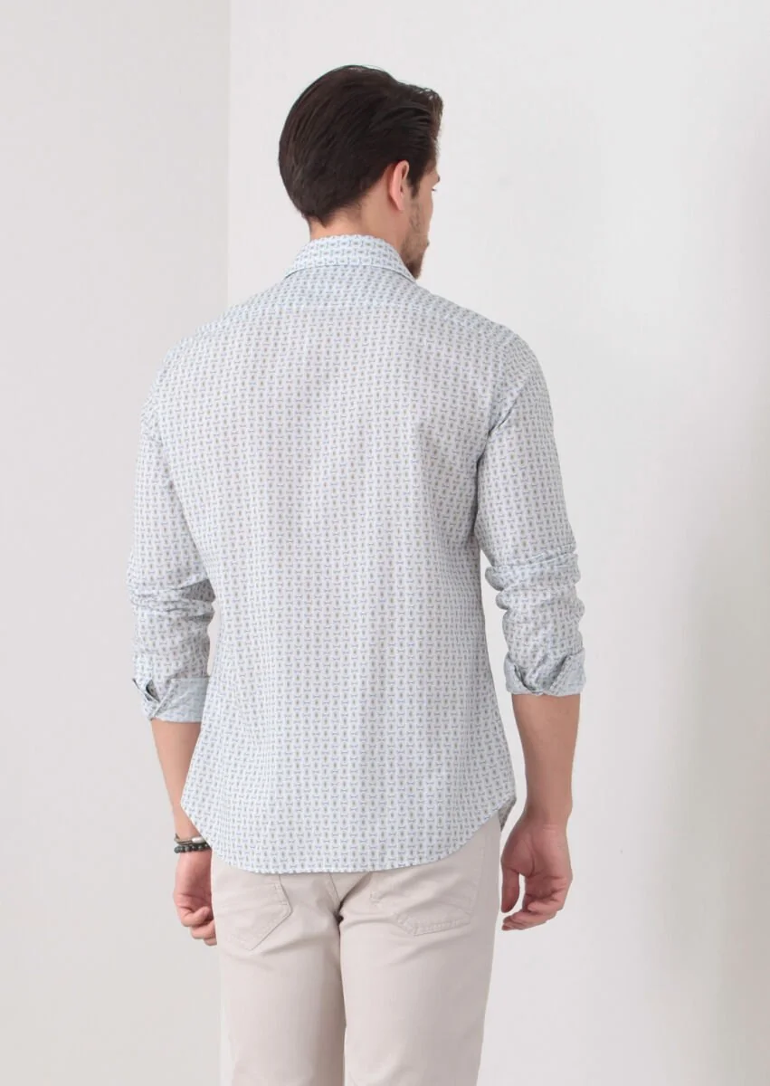 Yeşil Baskılı Slim Fit Dokuma Casual %100 Pamuk Gömlek - 5