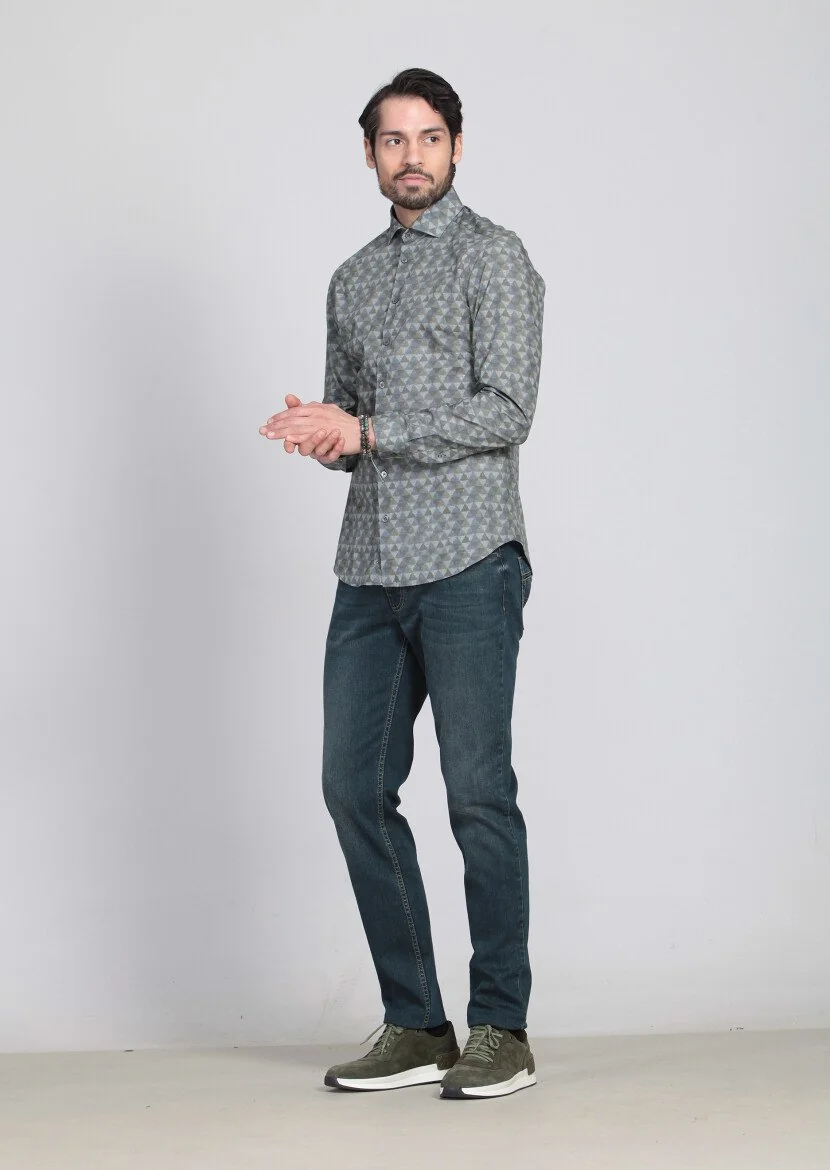 Yeşil Baskılı Slim Fit Dokuma Casual %100 Pamuk Gömlek - 1