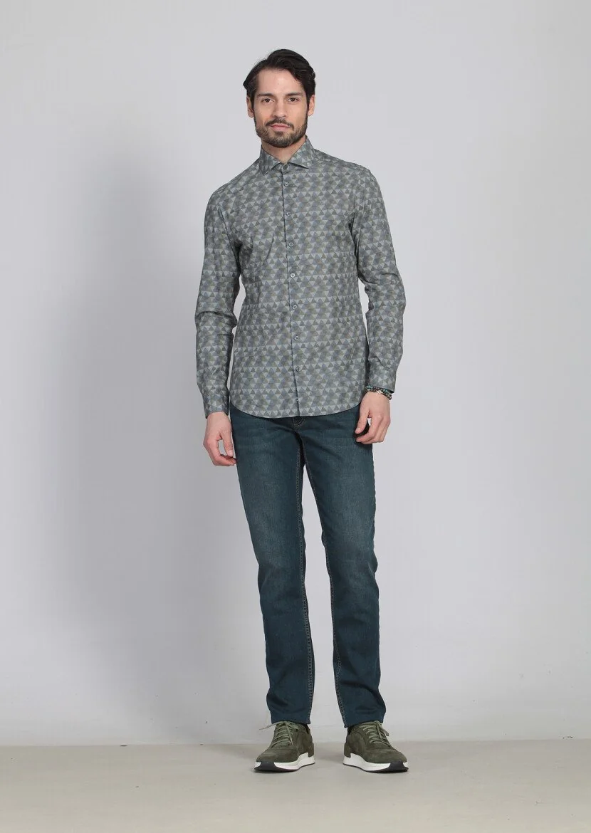 Yeşil Baskılı Slim Fit Dokuma Casual %100 Pamuk Gömlek 