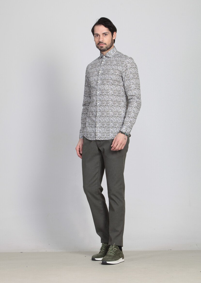 Yeşil Baskılı Slim Fit Dokuma Casual %100 Pamuk Gömlek 