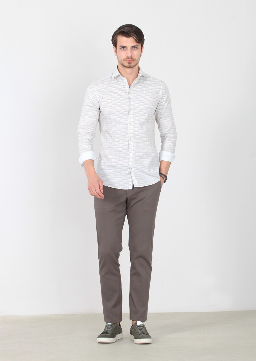 Yeşil Baskılı Slim Fit Uzun Dokuma Casual %100 Pamuk Gömlek - 1