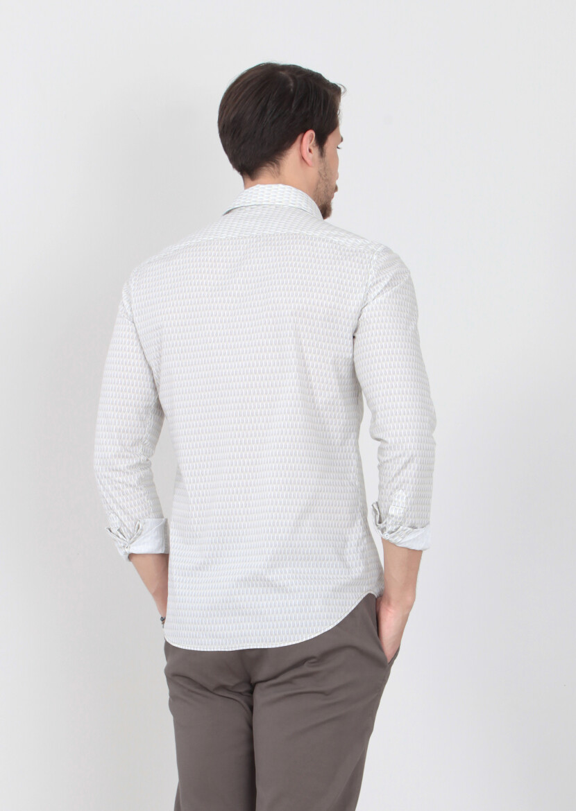 Yeşil Baskılı Slim Fit Uzun Dokuma Casual %100 Pamuk Gömlek - 3