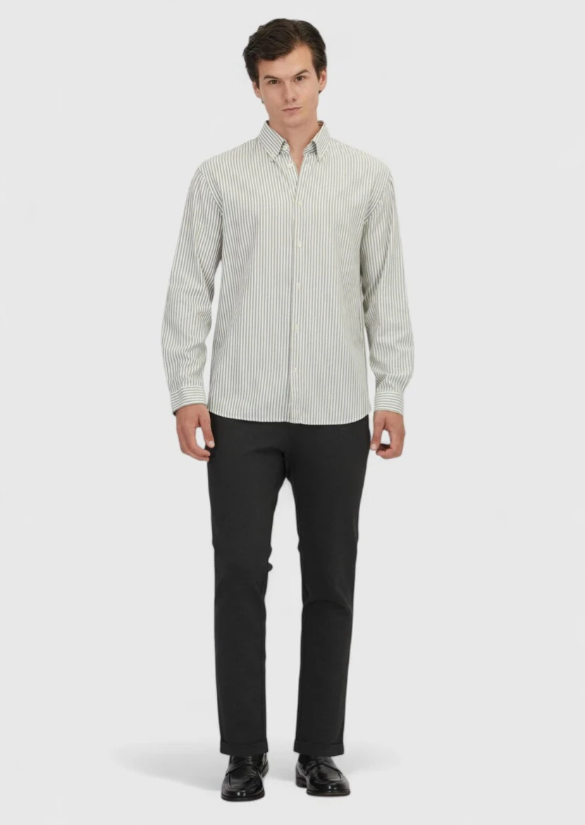 Yeşil Çizgili Loose Fit Dokuma Casual Pamuk Karışımlı Gömlek - RAMSEY