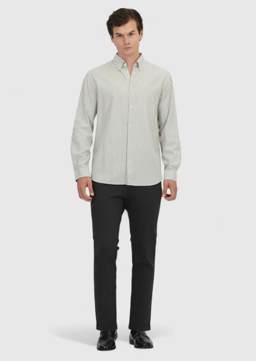 Yeşil Çizgili Loose Fit Dokuma Casual Pamuk Karışımlı Gömlek - 2