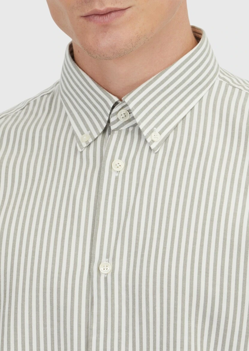 Yeşil Çizgili Loose Fit Dokuma Casual Pamuk Karışımlı Gömlek - 3