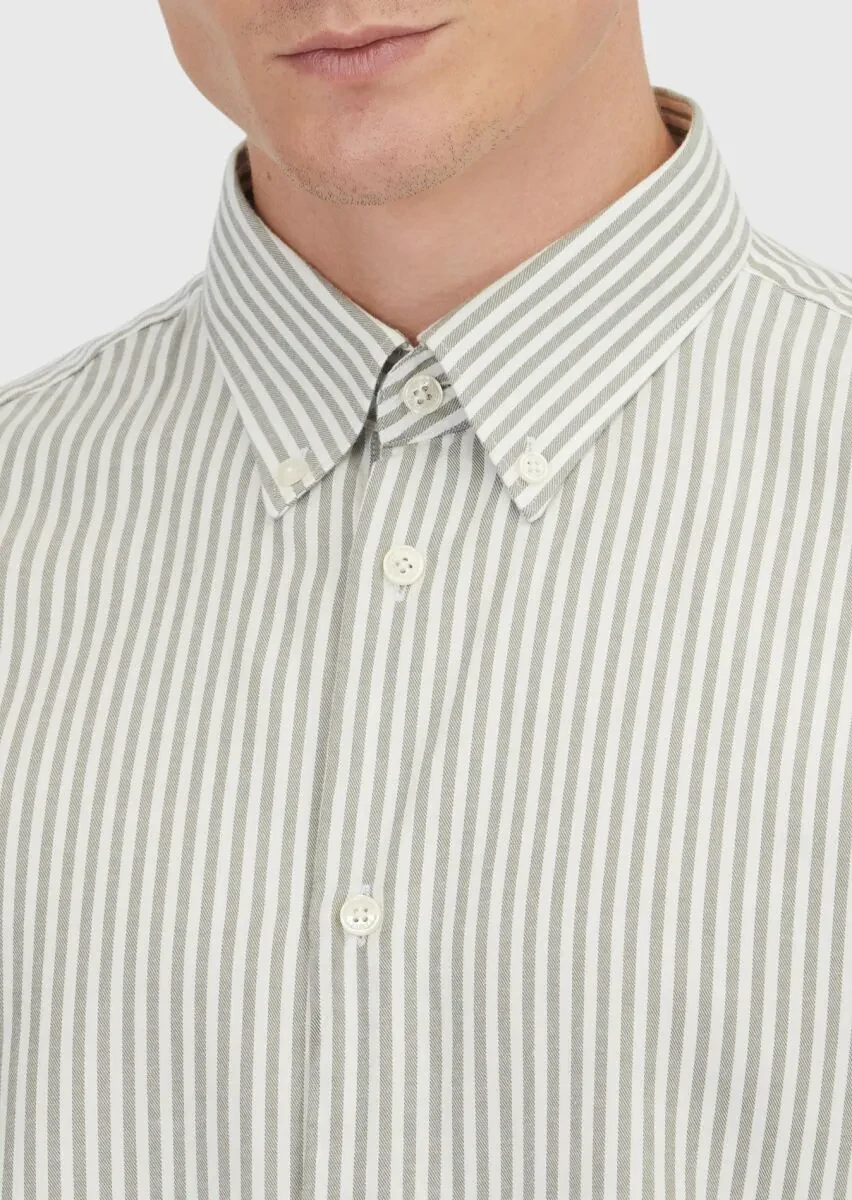Yeşil Çizgili Loose Fit Dokuma Casual Pamuk Karışımlı Gömlek - 3