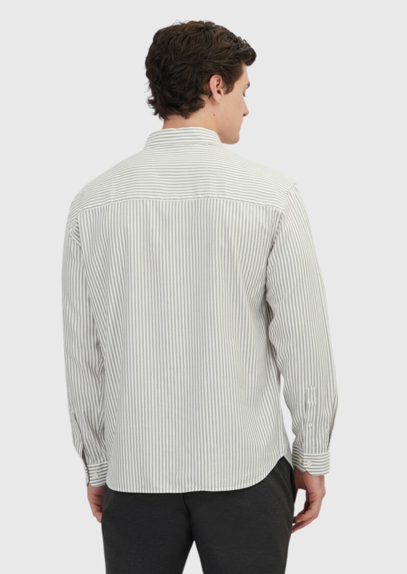 Yeşil Çizgili Loose Fit Dokuma Casual Pamuk Karışımlı Gömlek - 5