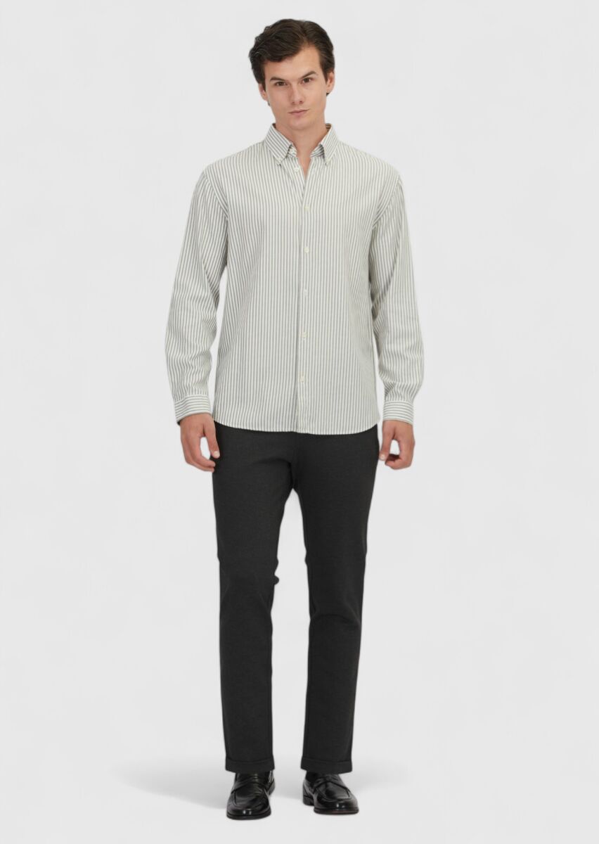 Yeşil Çizgili Loose Fit Uzun Dokuma Casual Pamuk Karışımlı Gömlek - 2