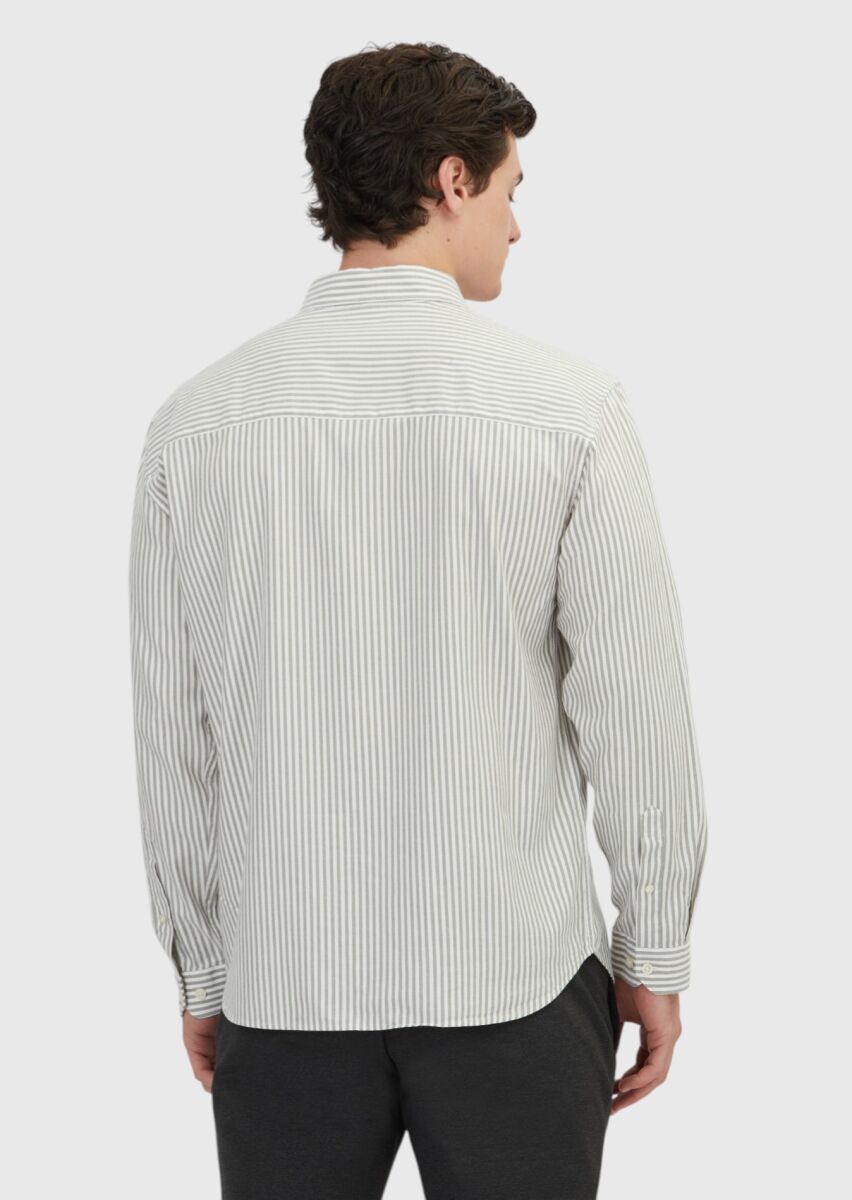 Yeşil Çizgili Loose Fit Uzun Dokuma Casual Pamuk Karışımlı Gömlek - 5