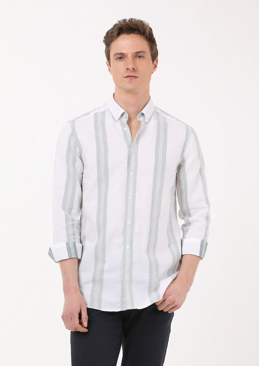 Yeşil Çizgili Regular Fit Dokuma Casual %100 Pamuk Gömlek - 1
