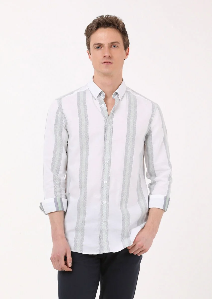 Yeşil Çizgili Regular Fit Dokuma Casual %100 Pamuk Gömlek - 1