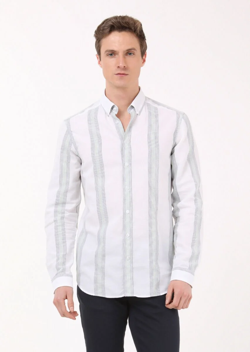 Yeşil Çizgili Regular Fit Dokuma Casual %100 Pamuk Gömlek - 2