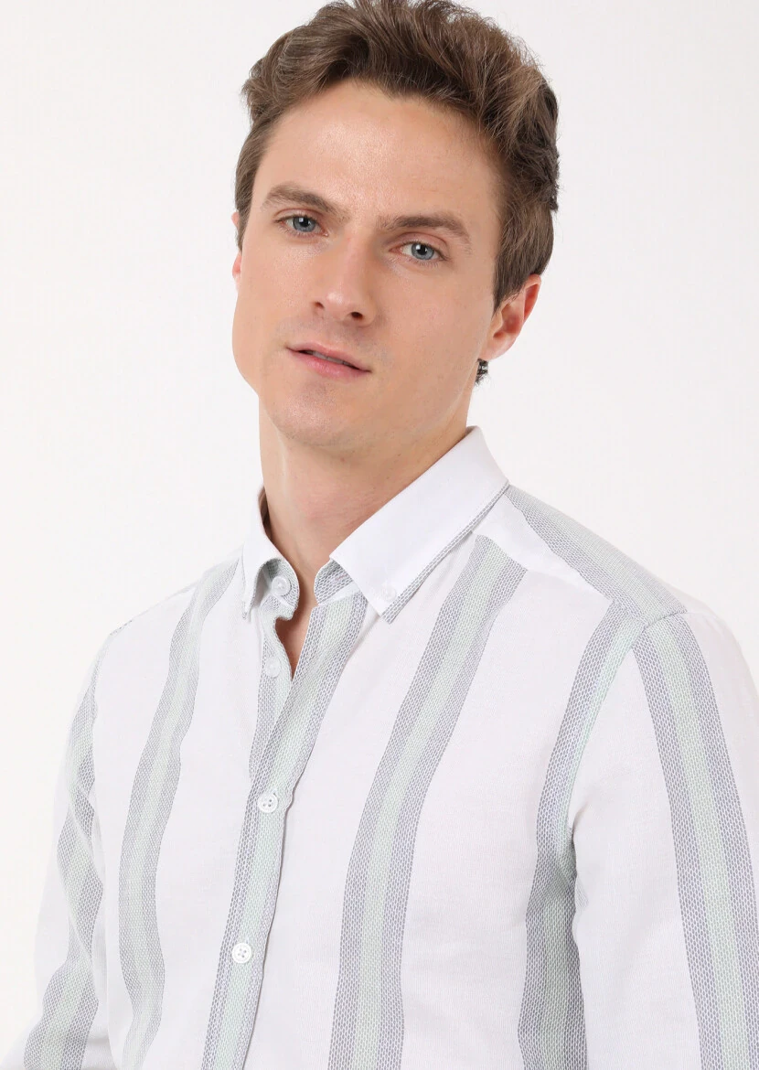 Yeşil Çizgili Regular Fit Dokuma Casual %100 Pamuk Gömlek - 3