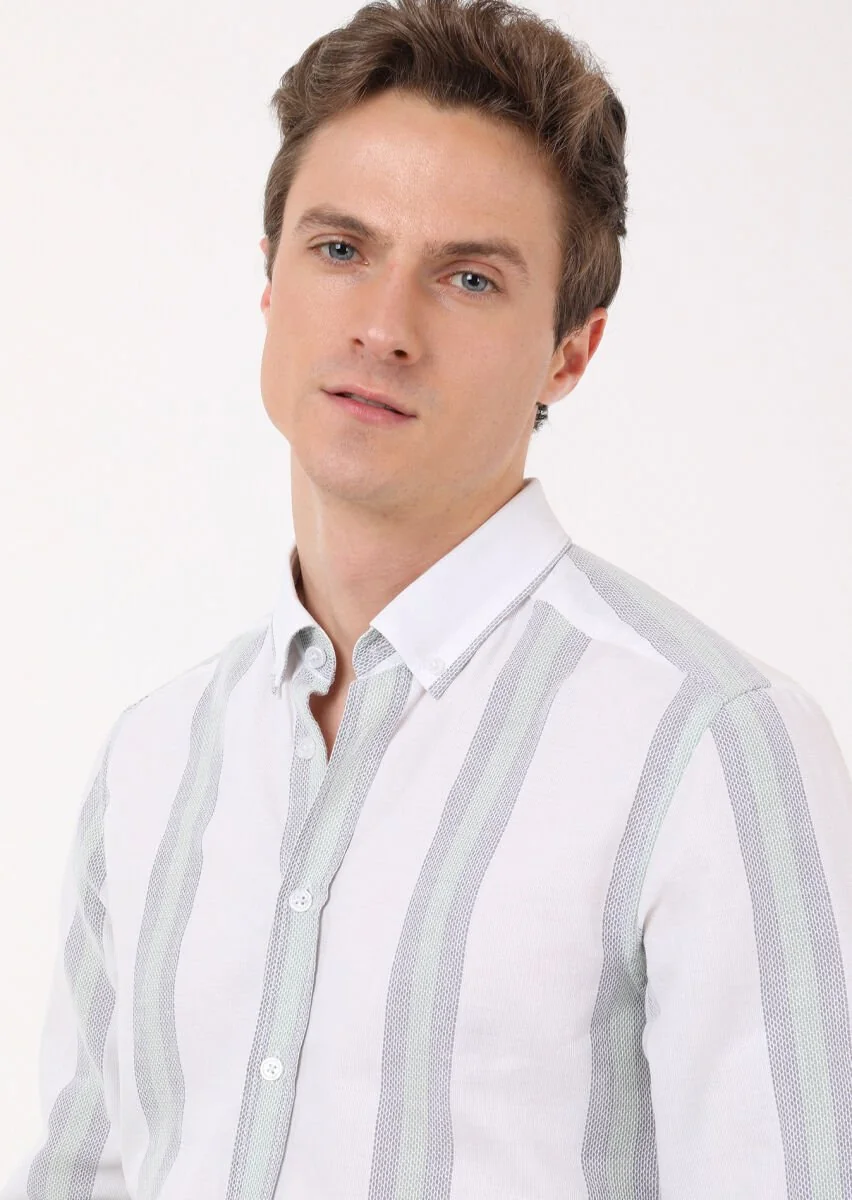 Yeşil Çizgili Regular Fit Dokuma Casual %100 Pamuk Gömlek - 3