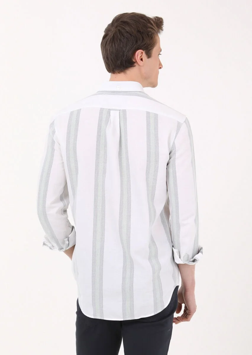 Yeşil Çizgili Regular Fit Dokuma Casual %100 Pamuk Gömlek - 5