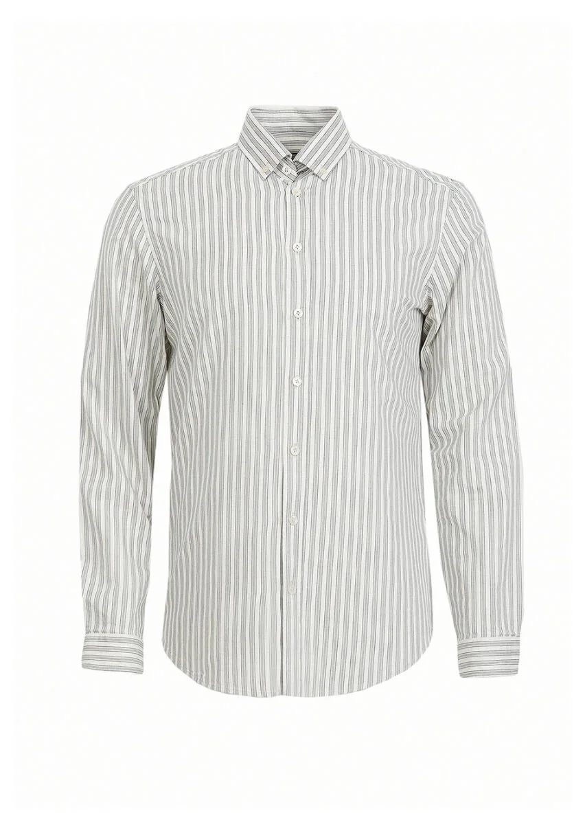 Yeşil Çizgili Regular Fit Dokuma Casual Pamuk Karışımlı Gömlek - 5
