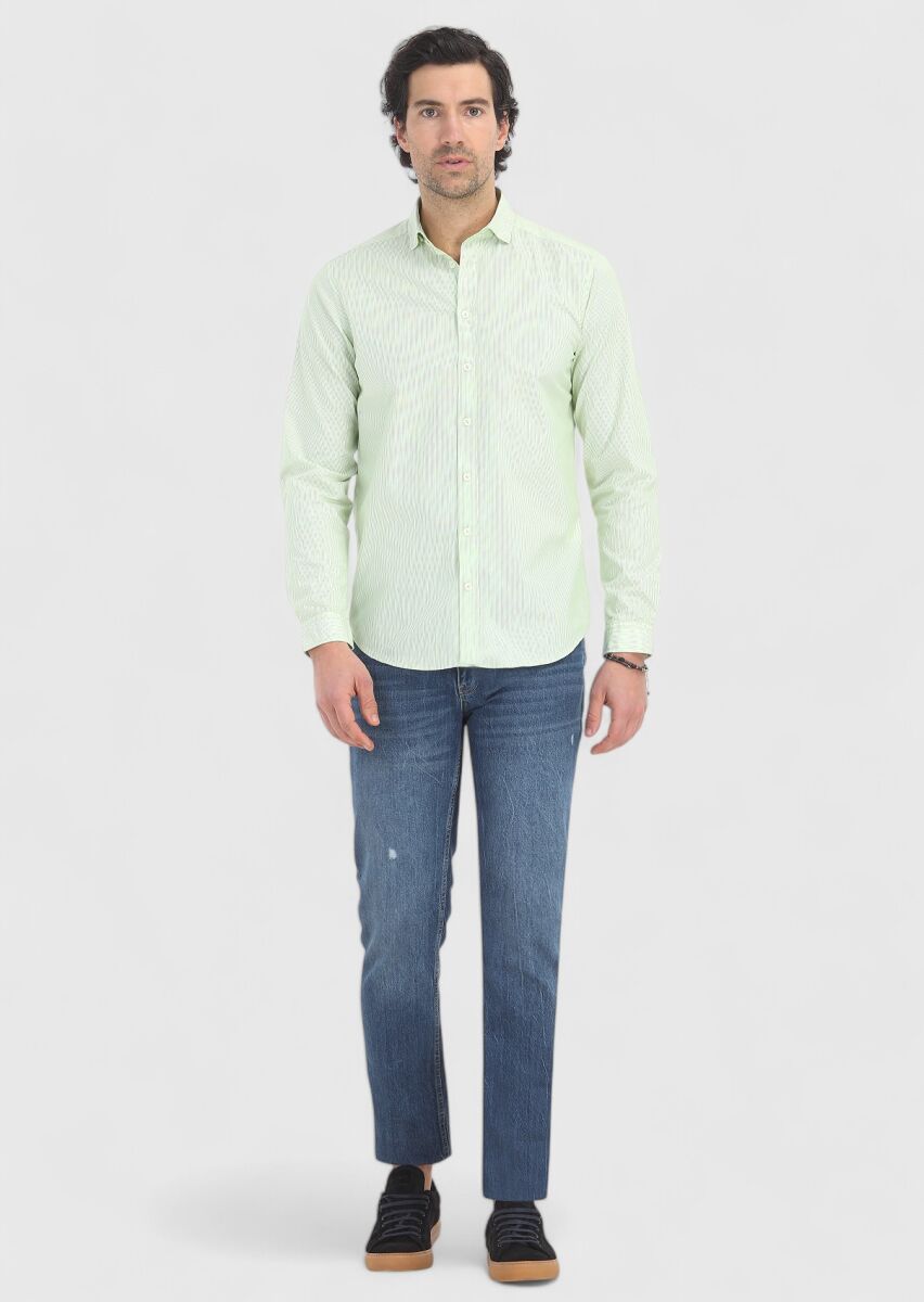 Yeşil Çizgili Regular Fit Uzun Dokuma Casual %100 Pamuk Gömlek - 1