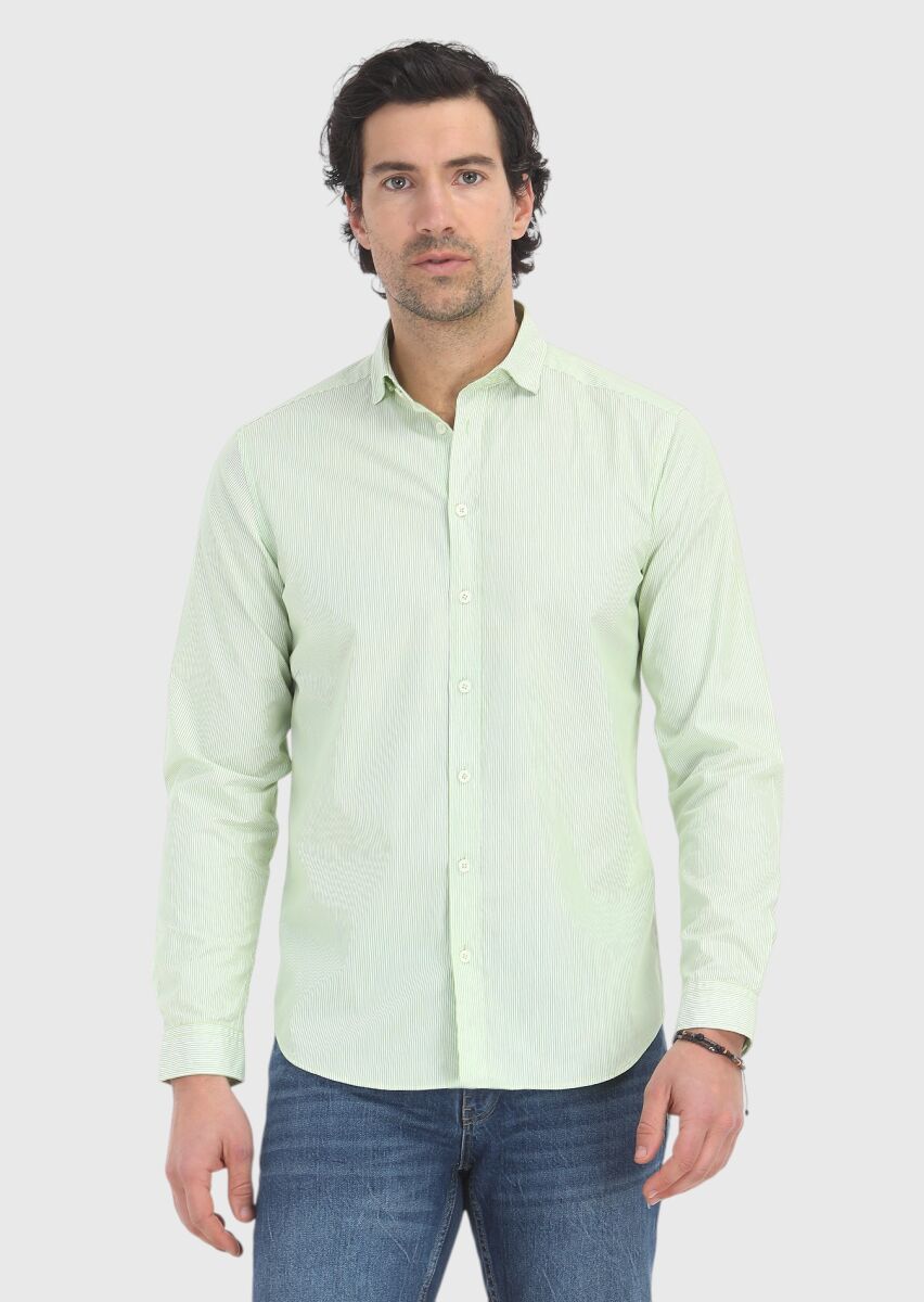 Yeşil Çizgili Regular Fit Uzun Dokuma Casual %100 Pamuk Gömlek - 2