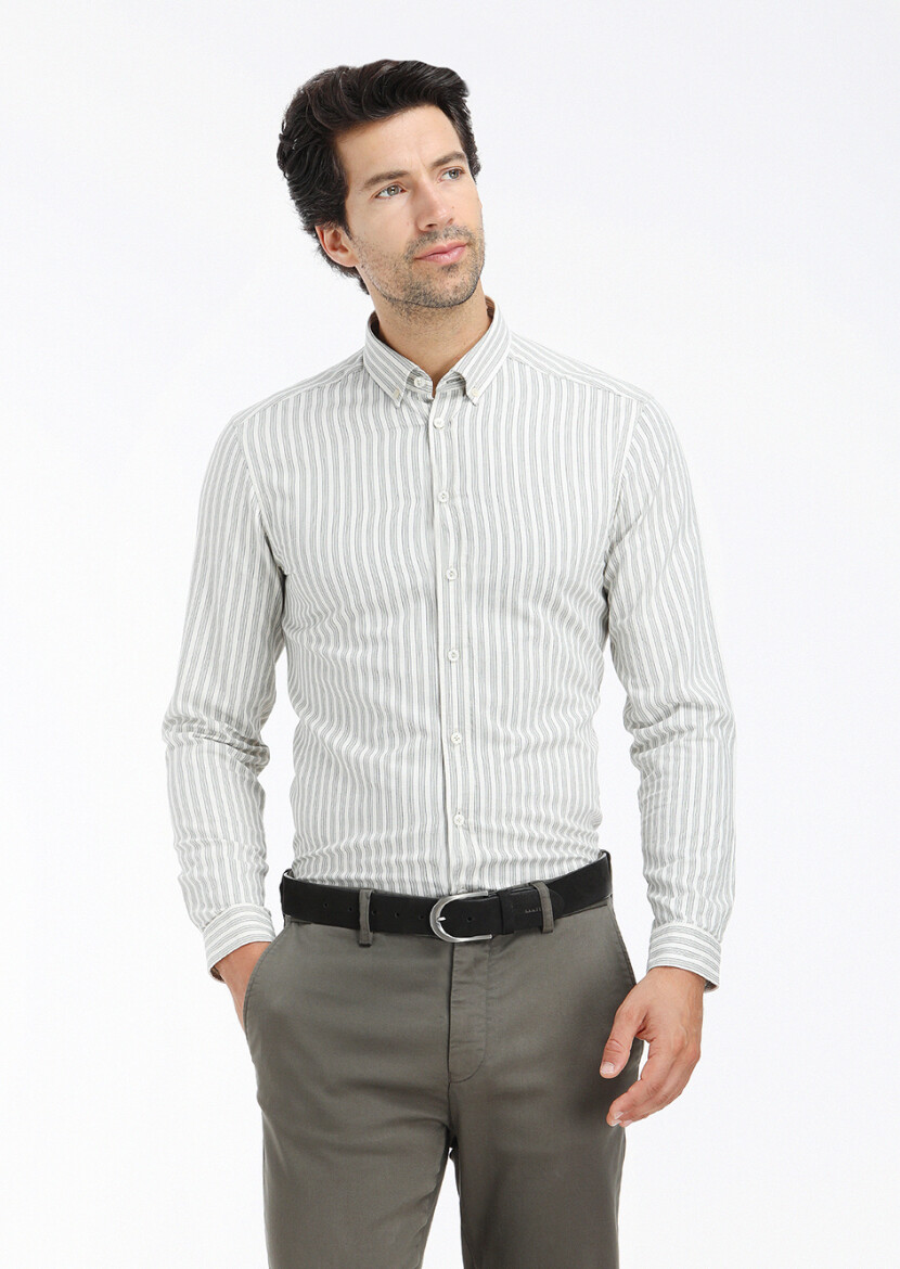 Yeşil Çizgili Regular Fit Uzun Dokuma Casual Pamuk Karışımlı Gömlek - 3