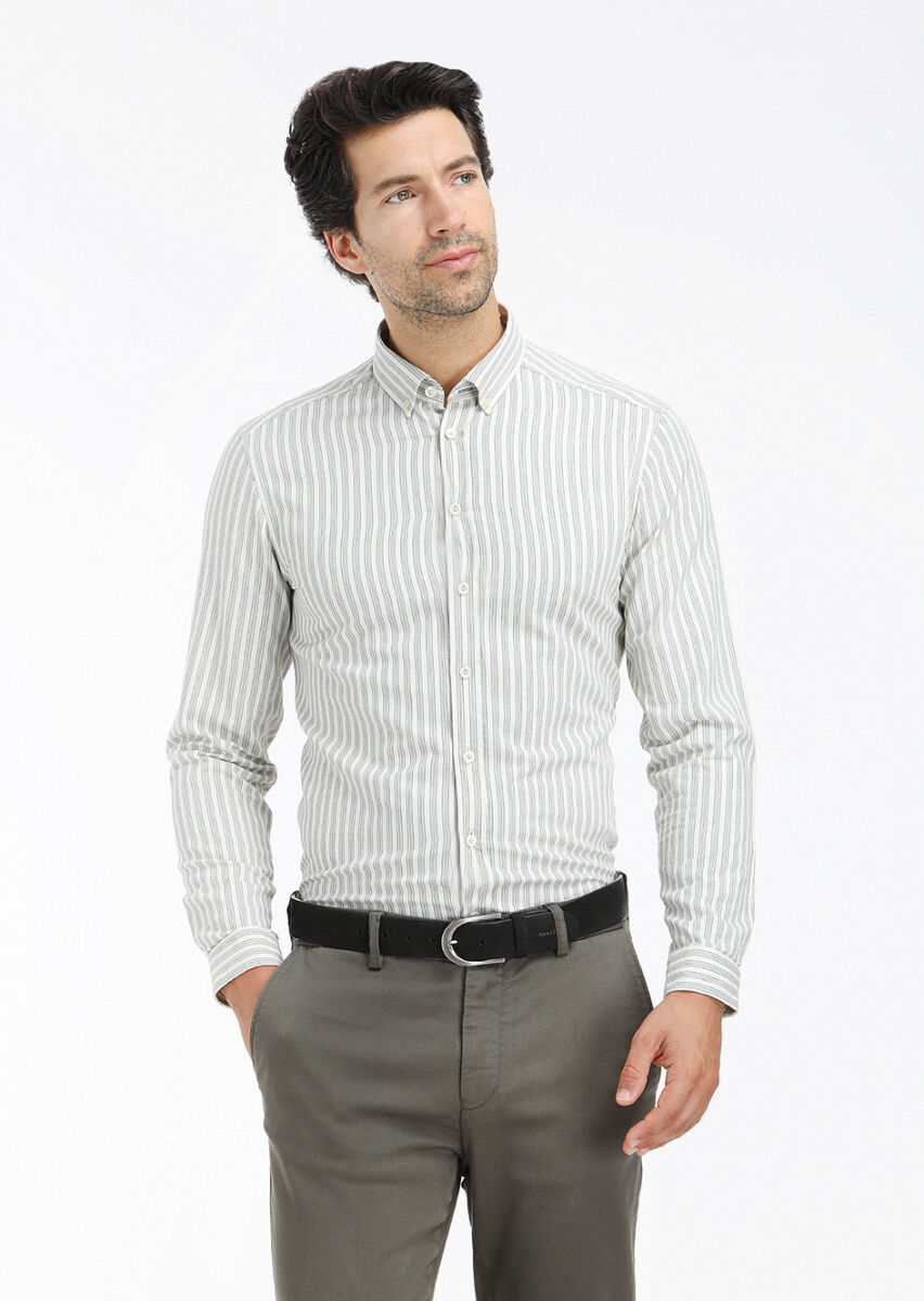 Yeşil Çizgili Regular Fit Uzun Dokuma Casual Pamuk Karışımlı Gömlek - 3