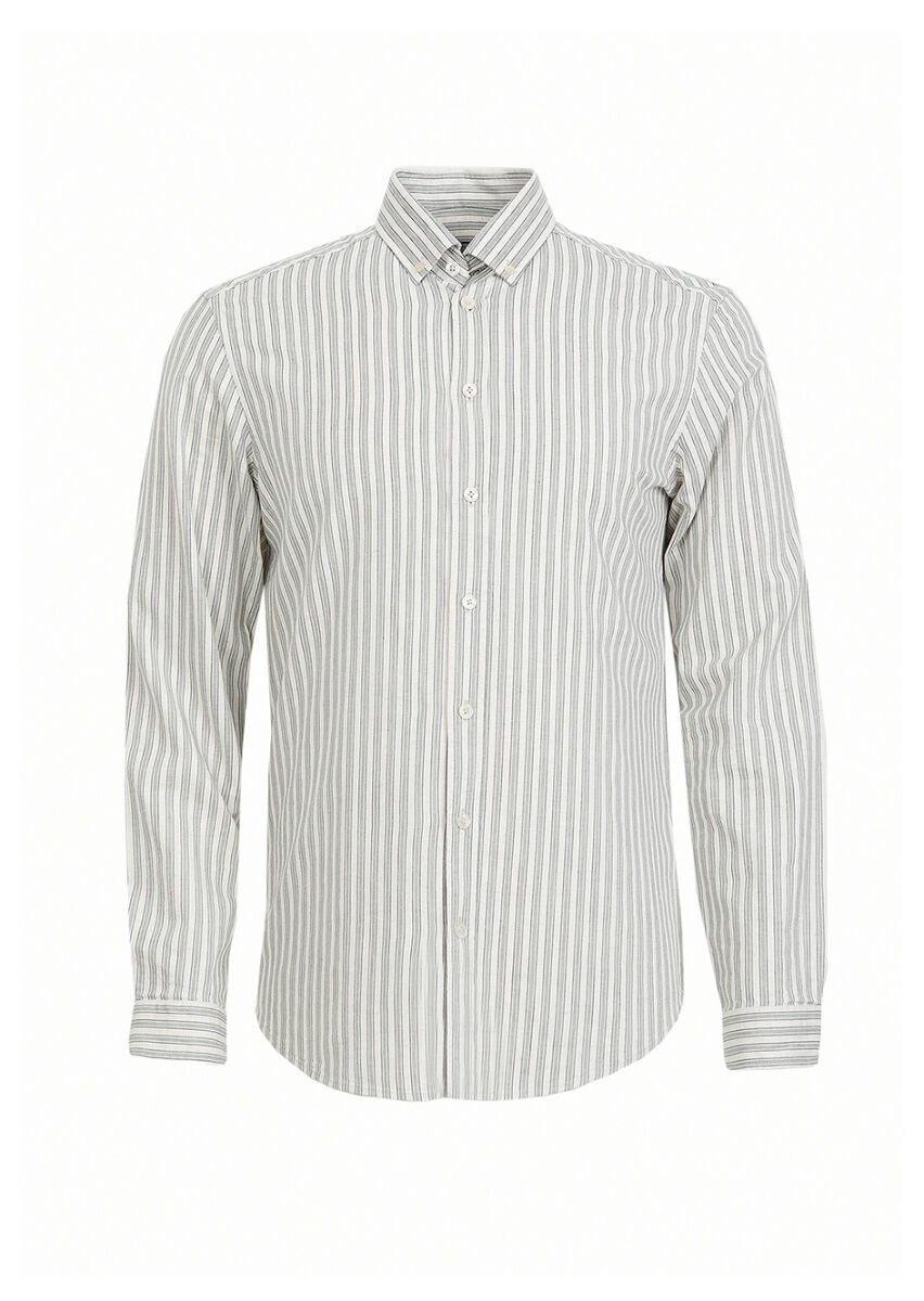 Yeşil Çizgili Regular Fit Uzun Dokuma Casual Pamuk Karışımlı Gömlek - 5
