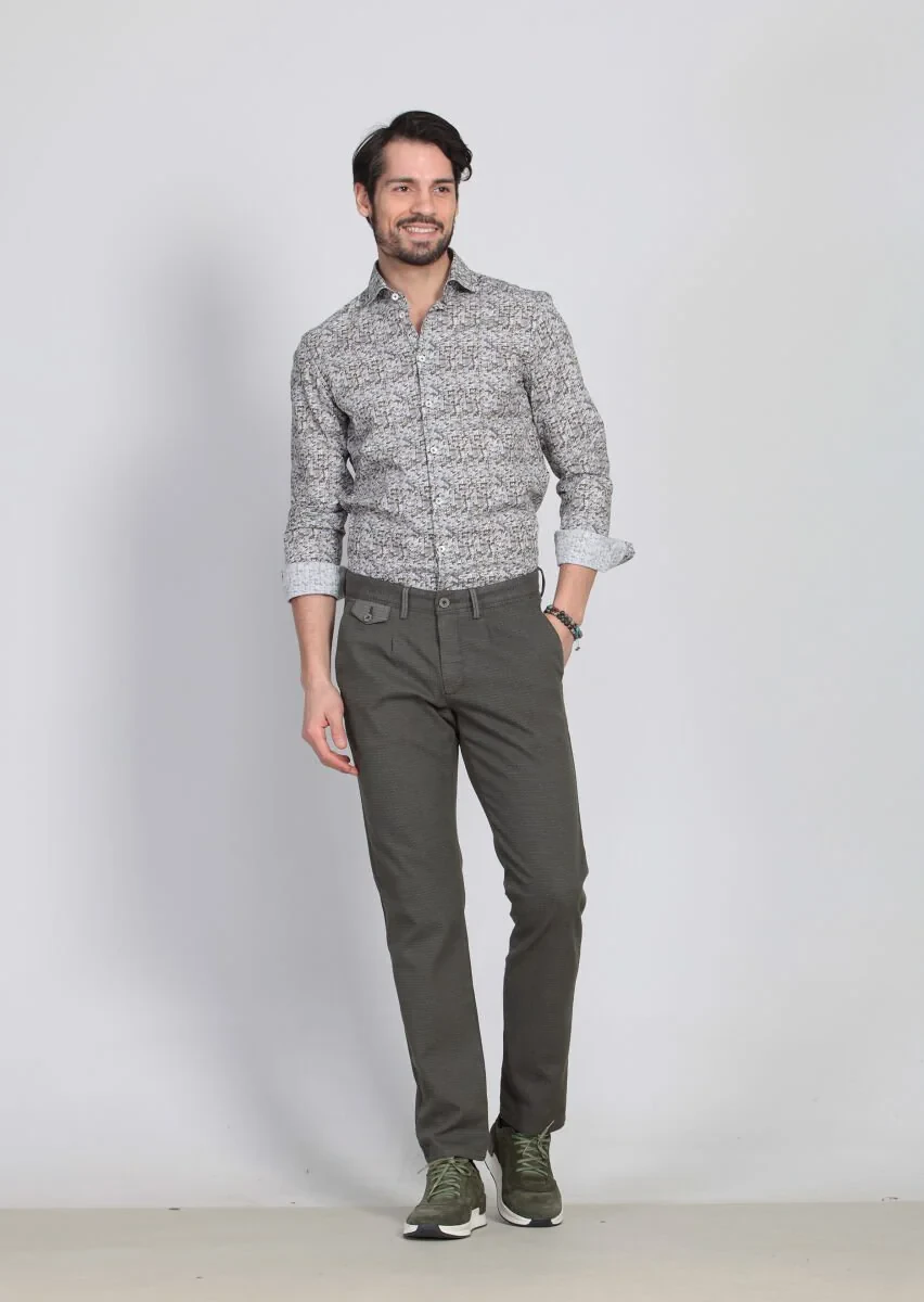 Yeşil Desenli Dokuma Regular Fit Casual Pamuk Karışımlı Pantolon - 1