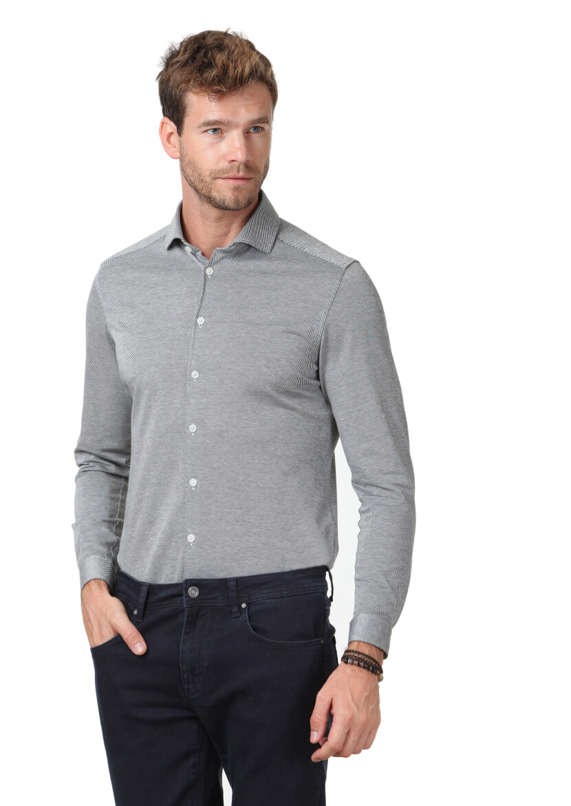 Yeşil Desenli Slim Fit Uzun Casual %100 Pamuk Gömlek - 1