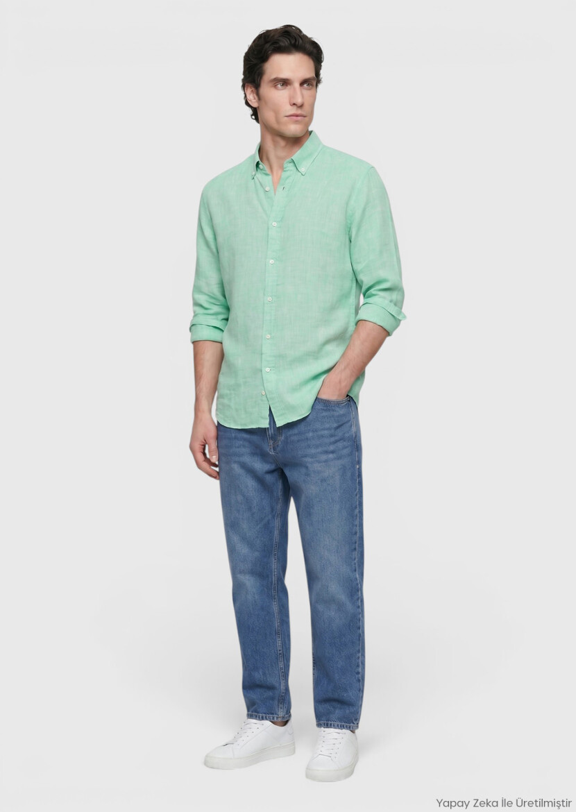 Yeşil Düz Casual Fit Uzun Dokuma Casual %100 Keten Gömlek - RAMSEY