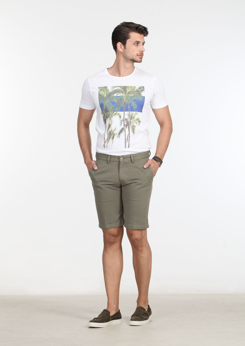 Yeşil Düz Dokuma Regular Fit Casual Pamuk Karışımlı Bermuda 