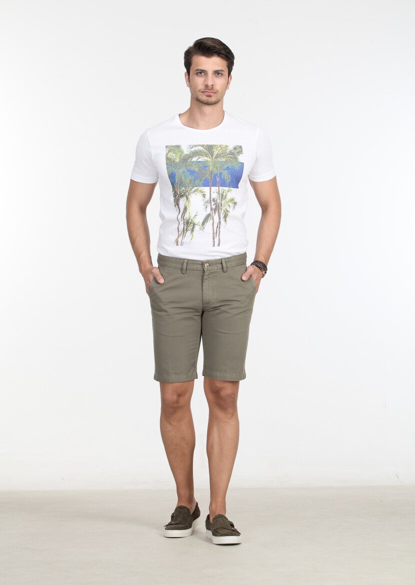 Yeşil Düz Dokuma Regular Fit Casual Pamuk Karışımlı Bermuda 