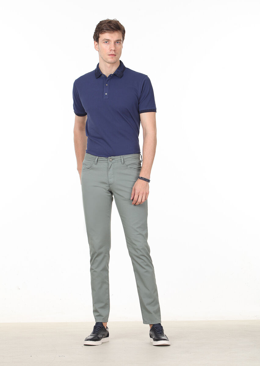 Yeşil Düz Dokuma Regular Fit Casual Pamuk Karışımlı Pantolon - 1