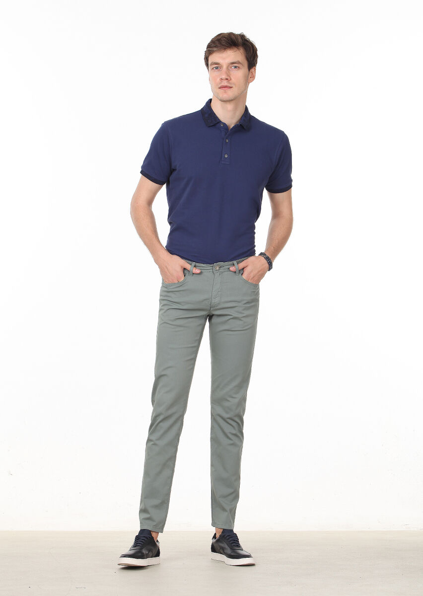 Yeşil Düz Dokuma Regular Fit Casual Pamuk Karışımlı Pantolon - 2