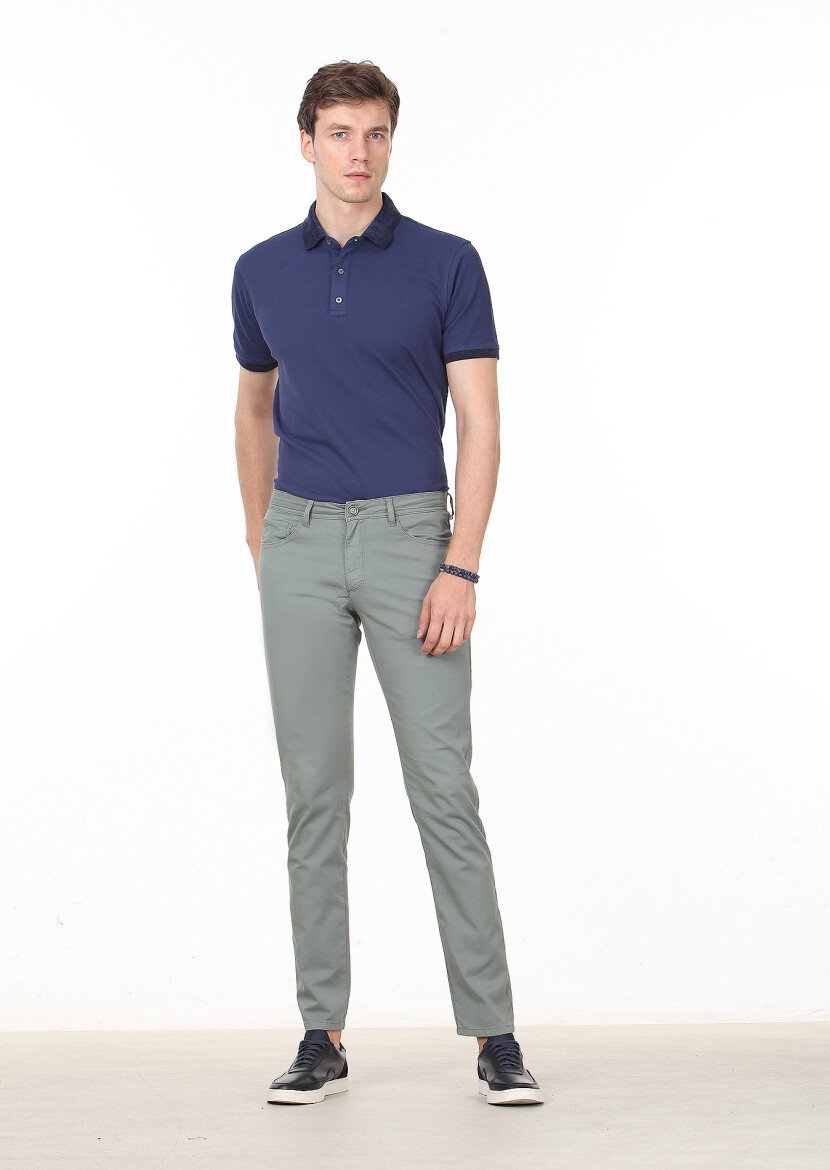 Yeşil Düz Dokuma Regular Fit Casual Pamuk Karışımlı Pantolon 
