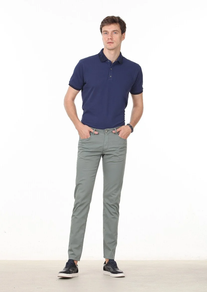 Yeşil Düz Dokuma Regular Fit Casual Pamuk Karışımlı Pantolon 