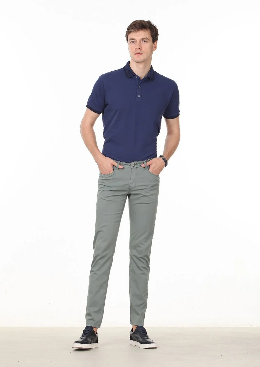 Yeşil Düz Dokuma Regular Fit Casual Pamuk Karışımlı Pantolon - 2