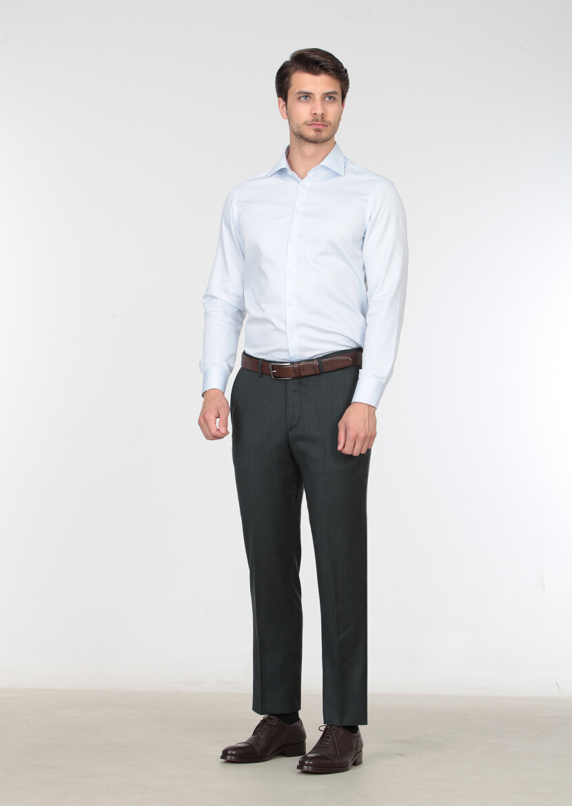 Yeşil Düz Dokuma Regular Fit Klasik %100 Yün Pantolon - 1