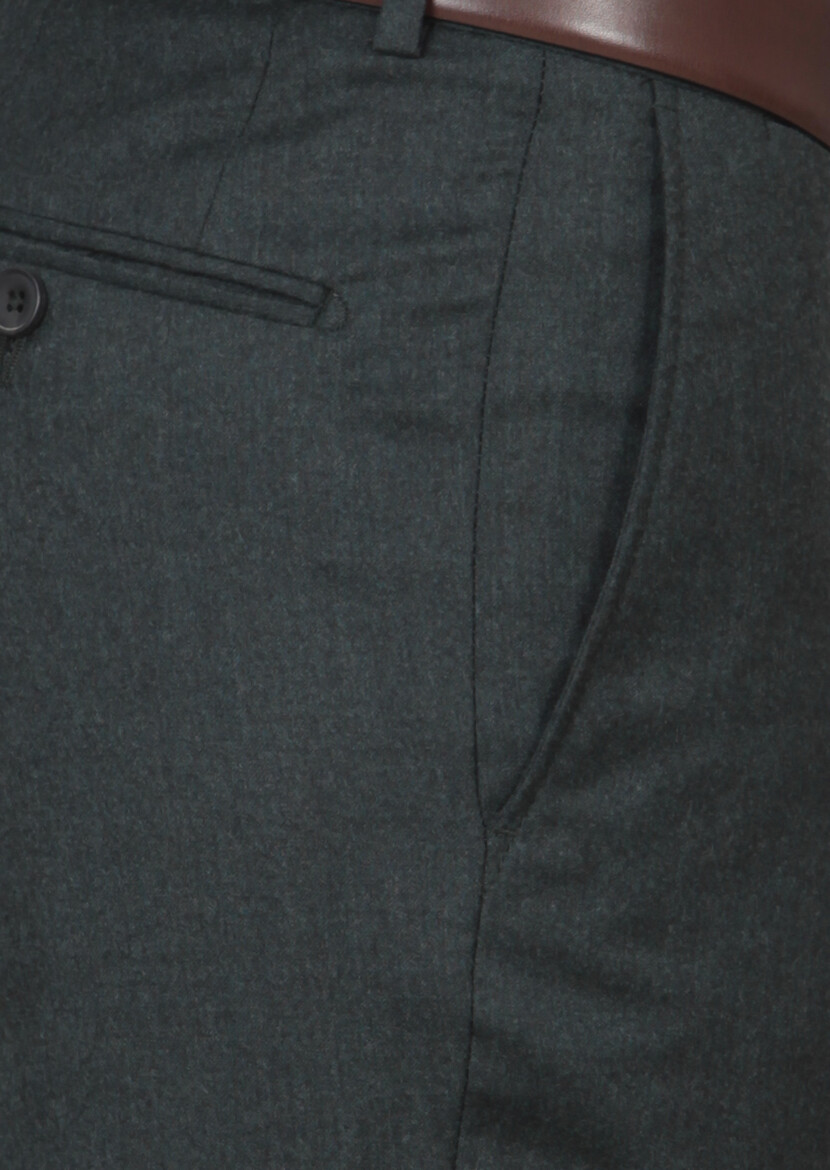 Yeşil Düz Dokuma Regular Fit Klasik %100 Yün Pantolon - 2