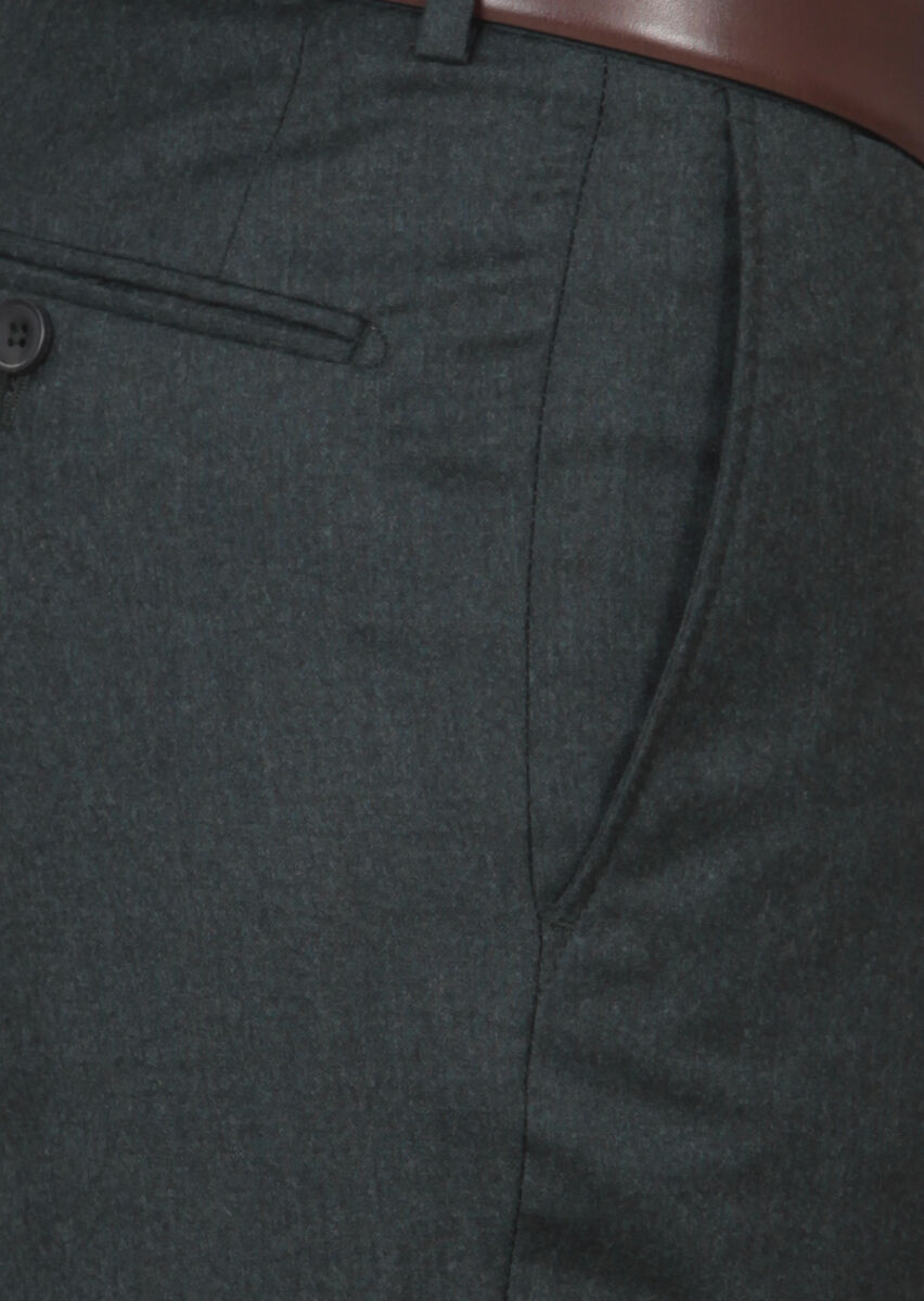 Yeşil Düz Dokuma Regular Fit Klasik %100 Yün Pantolon - 2