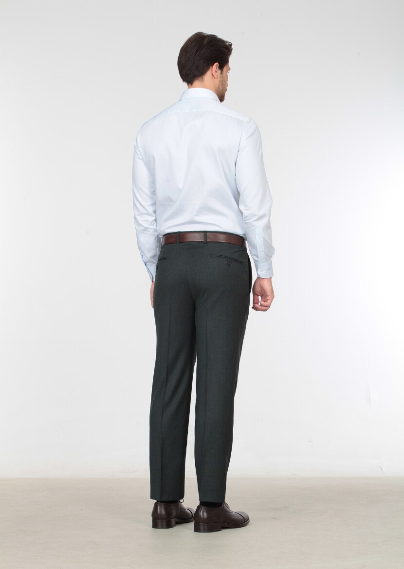 Yeşil Düz Dokuma Regular Fit Klasik %100 Yün Pantolon - 3