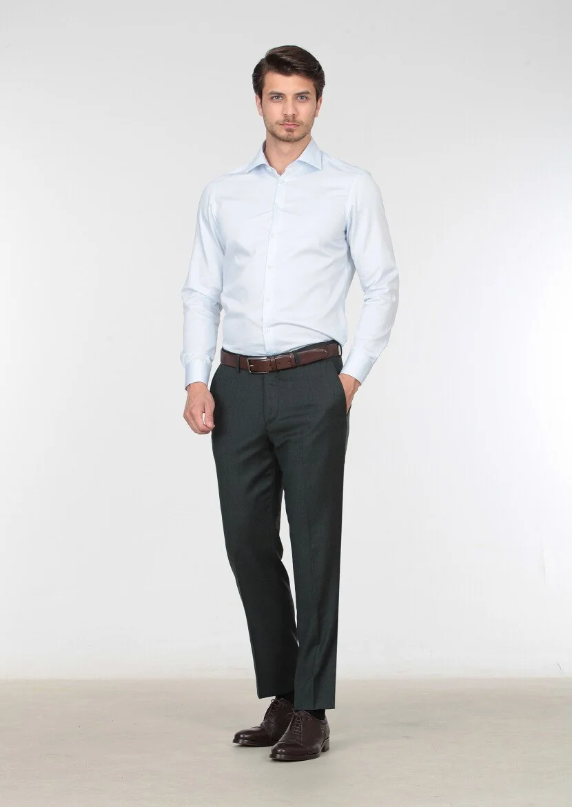 Yeşil Düz Dokuma Regular Fit Klasik %100 Yün Pantolon - 2