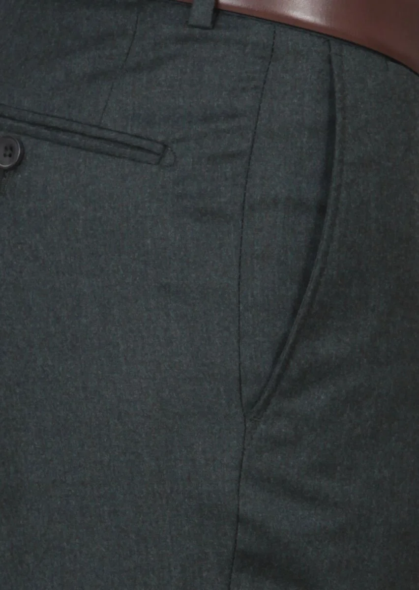 Yeşil Düz Dokuma Regular Fit Klasik %100 Yün Pantolon - 3