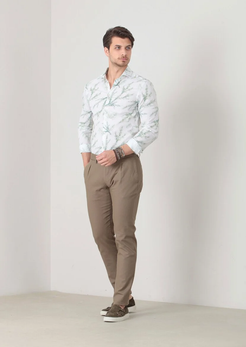 Yeşil Düz Dokuma Slim Fit Casual Pamuk Karışımlı Pantolon - 2