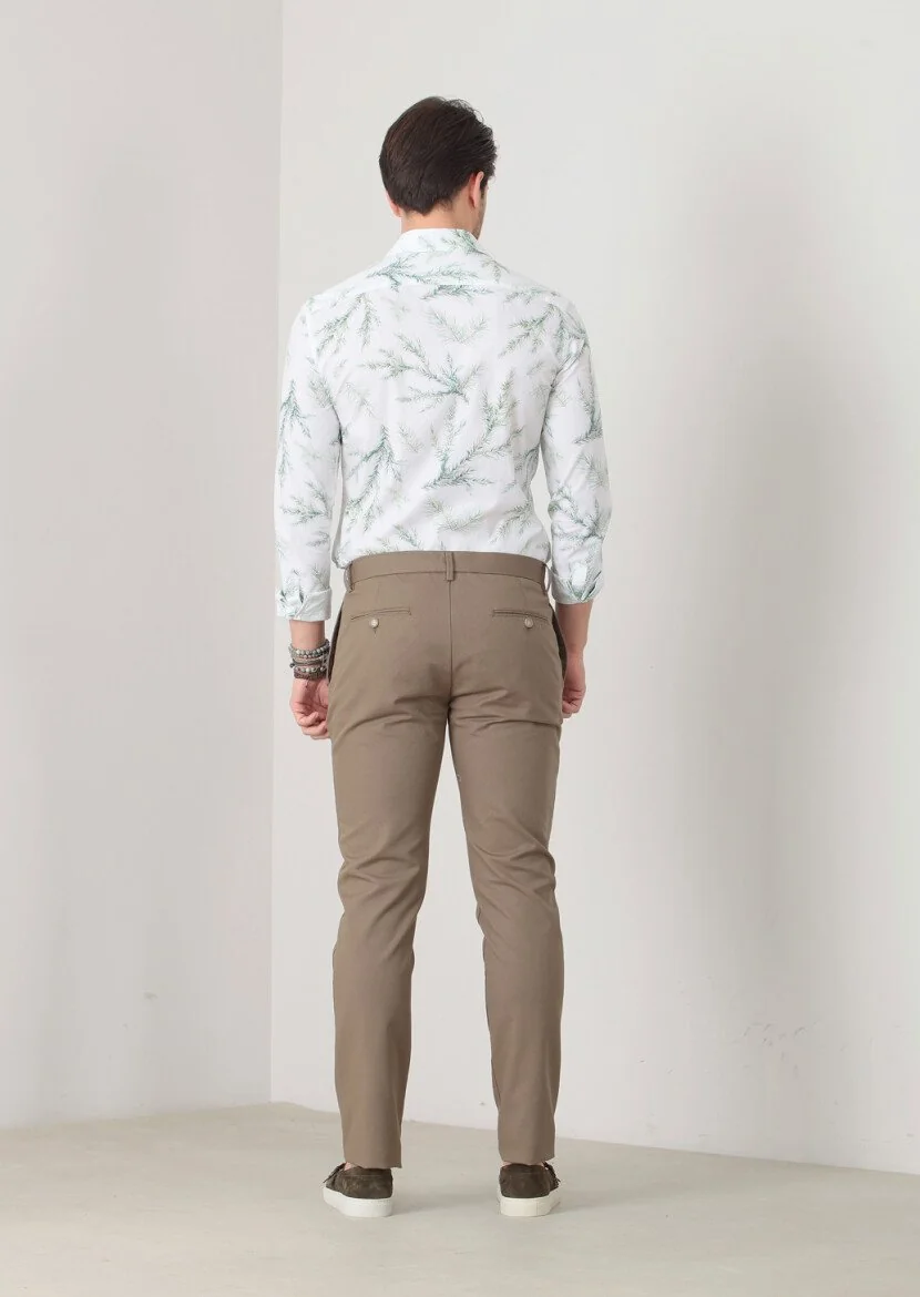 Yeşil Düz Dokuma Slim Fit Casual Pamuk Karışımlı Pantolon - 4