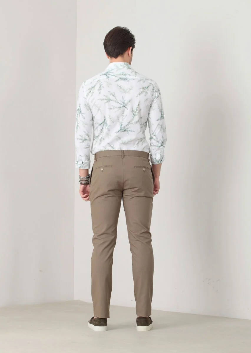 Yeşil Düz Dokuma Slim Fit Casual Pamuk Karışımlı Pantolon - 4