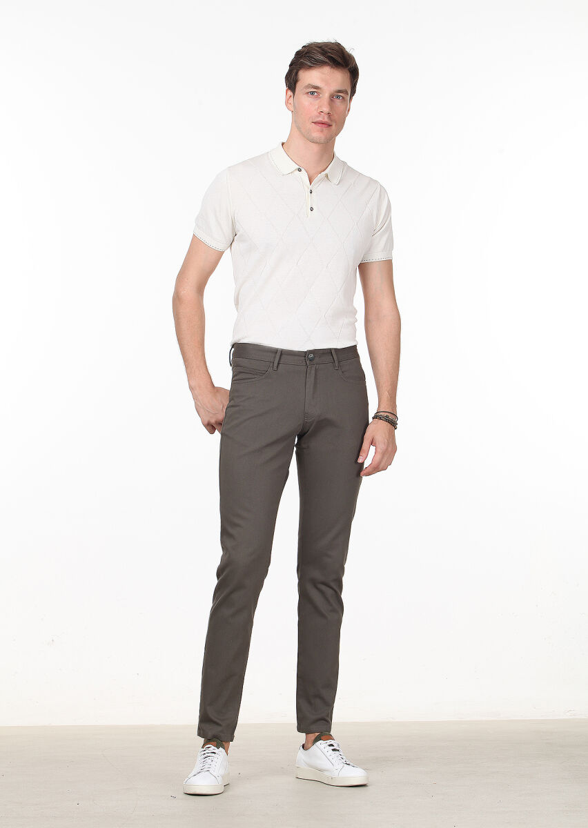 Yeşil Düz Dokuma Slim Fit Casual Pamuk Karışımlı Pantolon - 1
