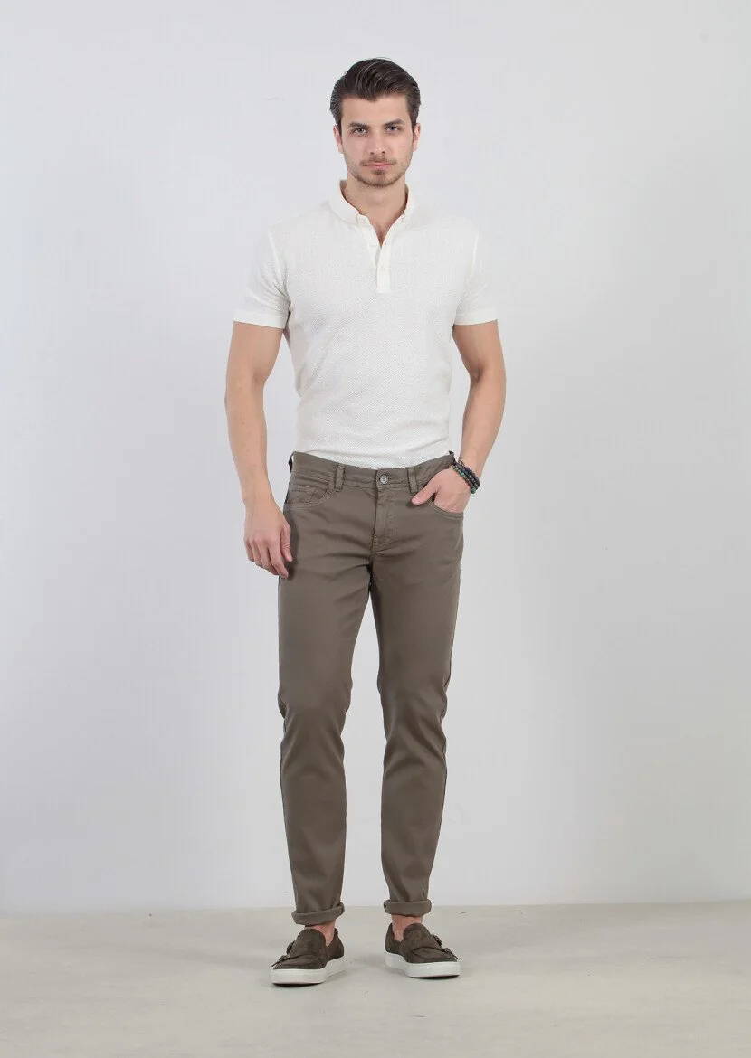 Yeşil Düz Dokuma Slim Fit Casual Pamuk Karışımlı Pantolon - 1