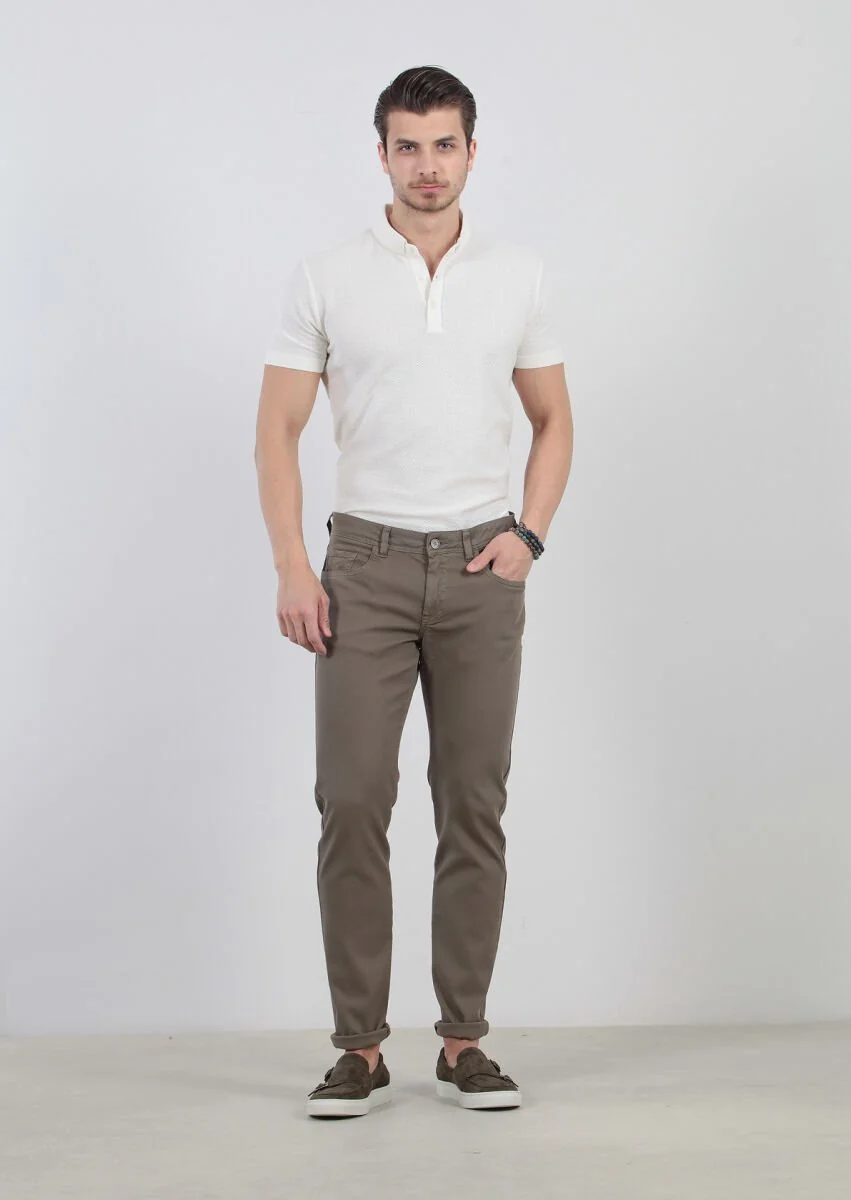 Yeşil Düz Dokuma Slim Fit Casual Pamuk Karışımlı Pantolon - 1