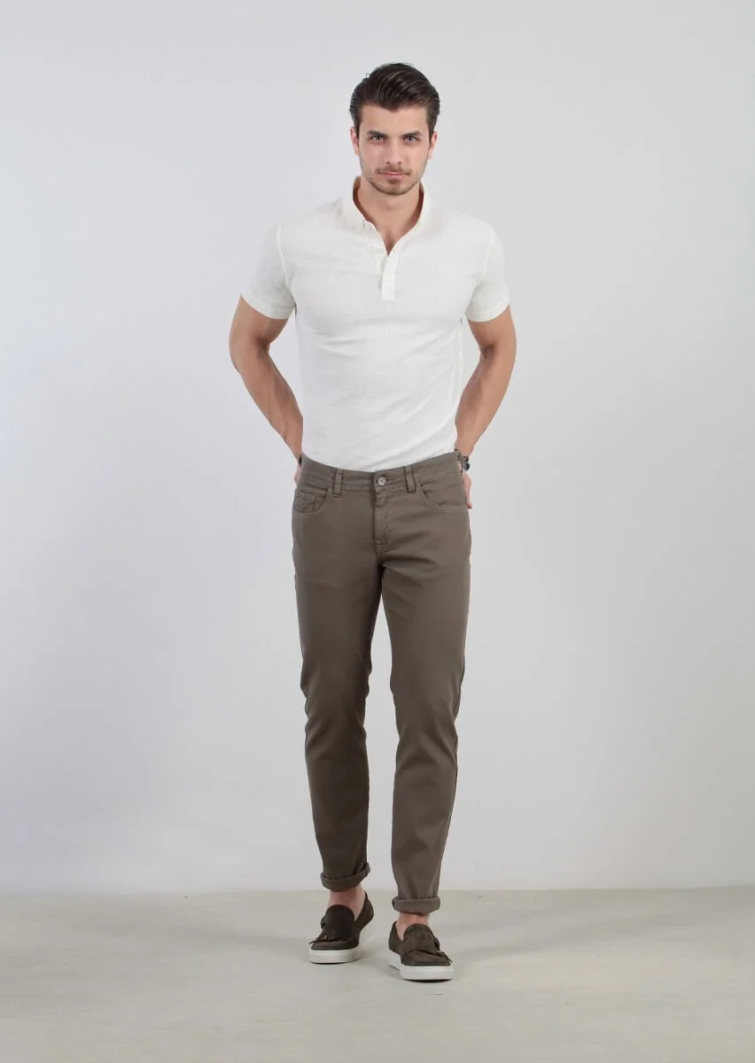 Yeşil Düz Dokuma Slim Fit Casual Pamuk Karışımlı Pantolon - 2